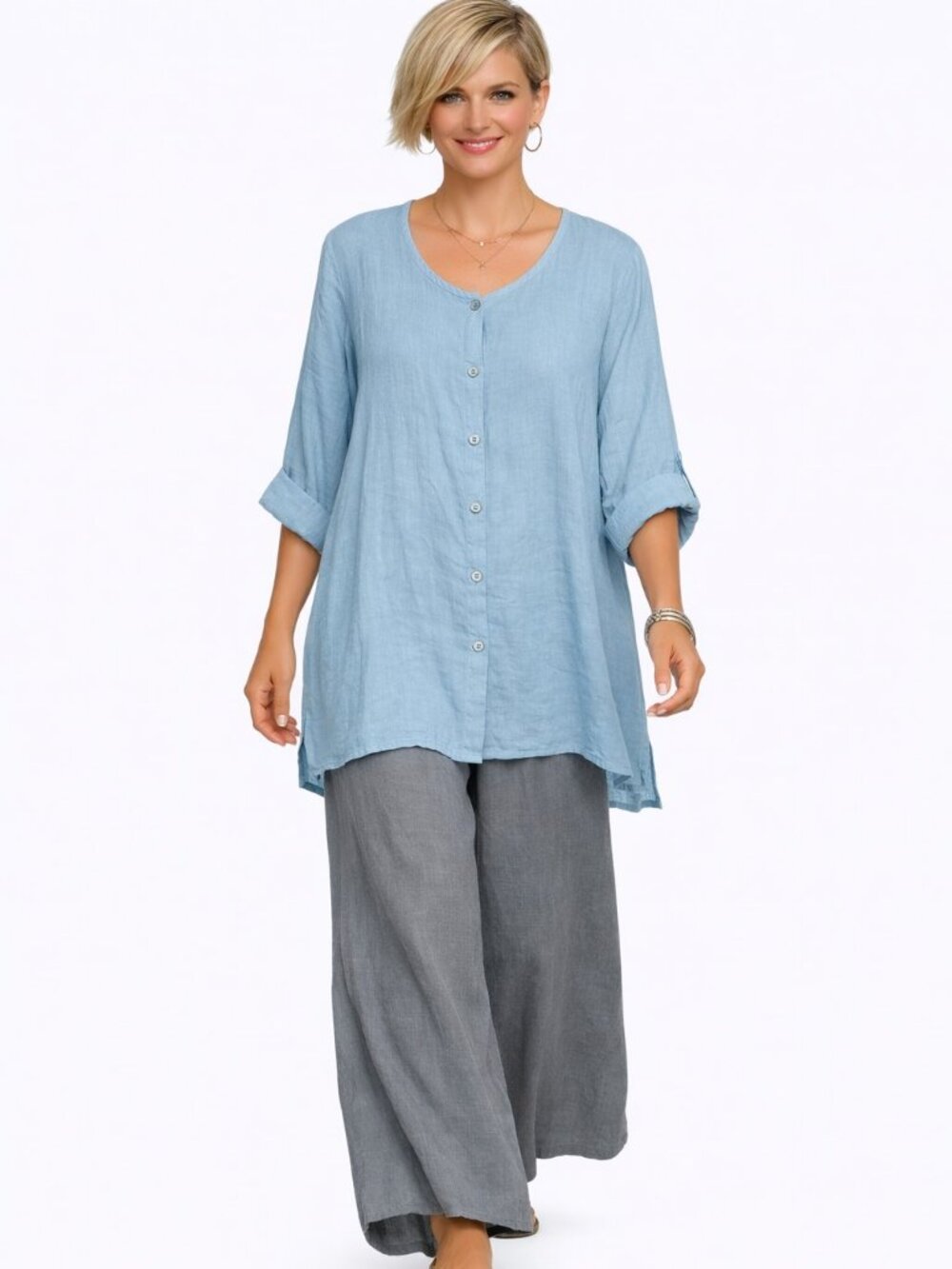 Flax Linnen Long Sleeve A-Line Tunic Jacket Button Front Gray/Blue Size M